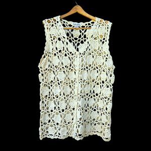 Crochet  Floral Open Knit Vest Womans 2XL Beige Off White Boho Festival Cottage